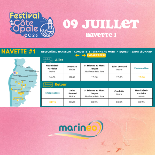 JEU. 09 JUILLET - NAVETTE 1 : NEUFCH&Acirc;TEL-HARDELOT - CONDETTE - ST ETIENNE AU MONT-ISQUES - SAINT LEONARD - EMBARCAD&Egrave;RE